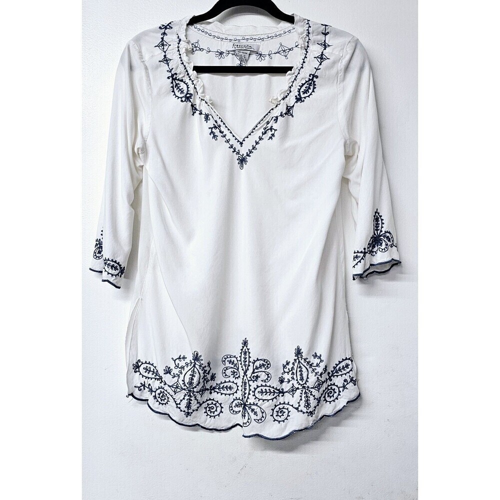 NOMADIC TRADERS Fresco White Blue Embroidered Long Sleeve Women Tunic Shirt (S)